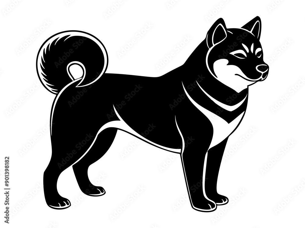 Akita dog full body icon. Black and white logo, dog silhouette, engraving style. Pet character. Vector illustration
