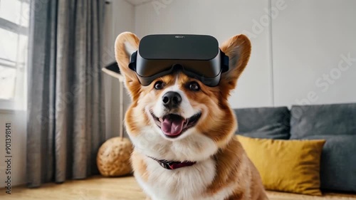 dog corgi wearing viar glasses video , AI generated	 photo