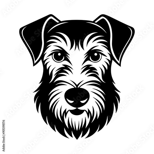 Airedale Terrier dog head icon Black and white logo, dog silhouette, engraving style. Pet character. Vector illustration
