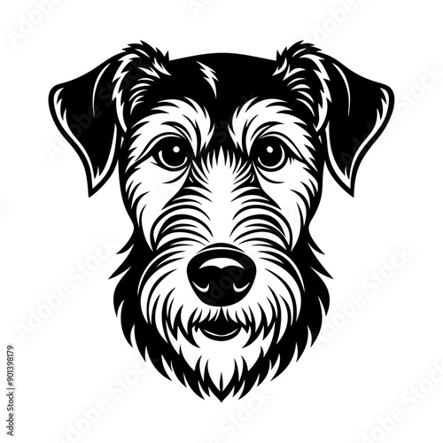Airedale Terrier dog head icon Black and white logo, dog silhouette, engraving style. Pet character. Vector illustration
