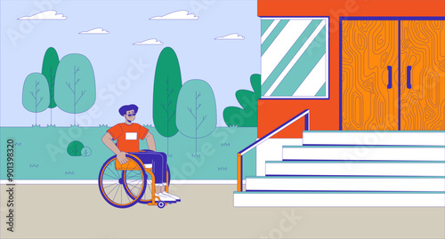 Lack of accessibility for disabled cartoon flat illustration. Confused wheelchair male in front of stairs 2D character colorful background. Social issue barrier scene vector storytelling image