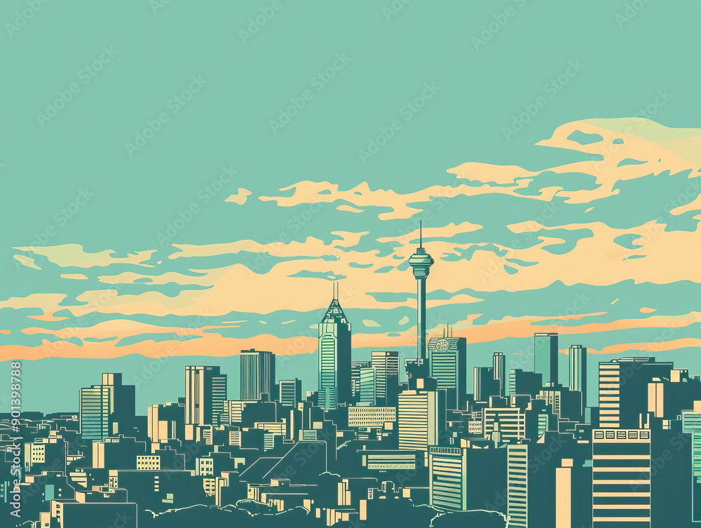 Fototapeta premium Risograph vibrant riso print travel poster, card, wallpaper or banner illustration, modern, isolated, clear, simple of Johannesburg, South Africa. Artistic, screen printing, stencil