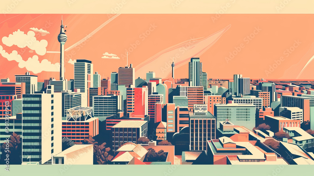 Obraz premium Risograph vibrant riso print travel poster, card, wallpaper or banner illustration, modern, isolated, clear, simple of Johannesburg, South Africa. Artistic, screen printing, stencil