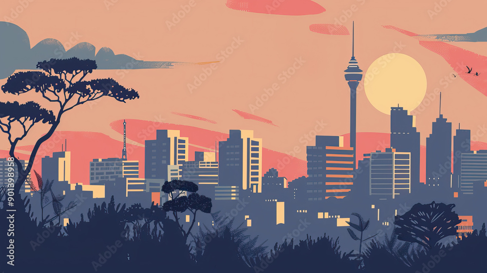 Fototapeta premium Risograph vibrant riso print travel poster, card, wallpaper or banner illustration, modern, isolated, clear, simple of Johannesburg, South Africa. Artistic, screen printing, stencil