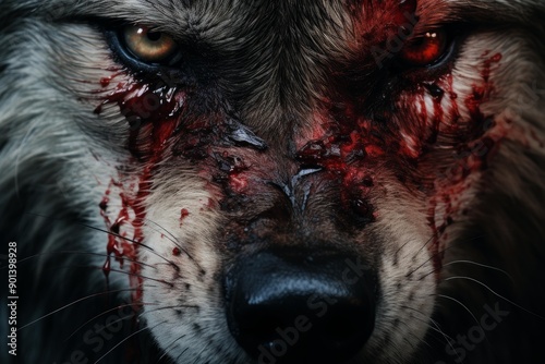Close-up of a wolf's face with striking eyes and dramatic blood-like detail