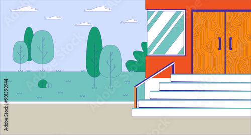 Stairs building exterior cartoon flat illustration. School staircase facility outside 2D line cityscape colorful background. Inaccessible city for disability users scene vector storytelling image