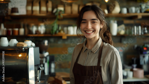 White female cafe staff or barista, copy space, smiling