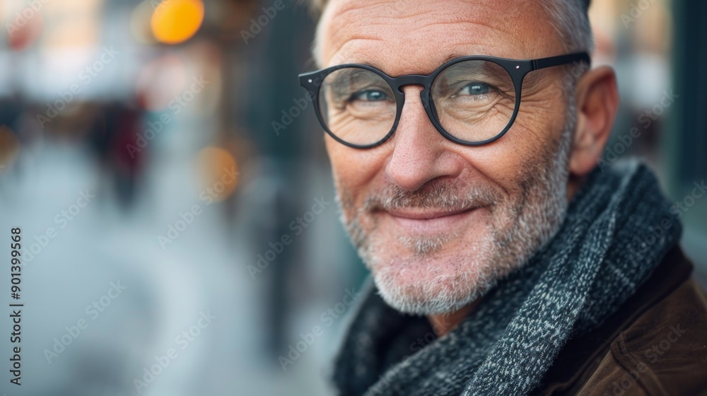 A man wearing glasses and a scarf is smiling A man wearing glasses and a scarf is smiling