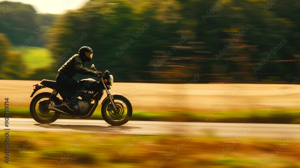 Fototapeta premium Motorcycle ride at high speed in the countryside, side view -