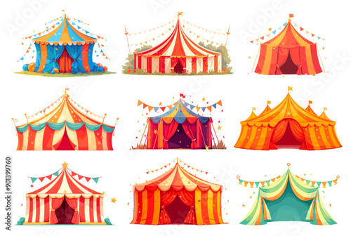 circus tent set. circus traveling carnival performance. vector illustration cartoon
