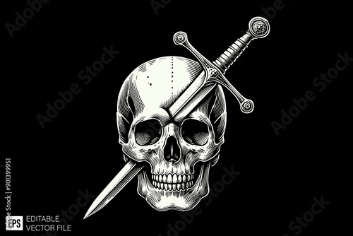 Black and white scary skull head vector illustration design