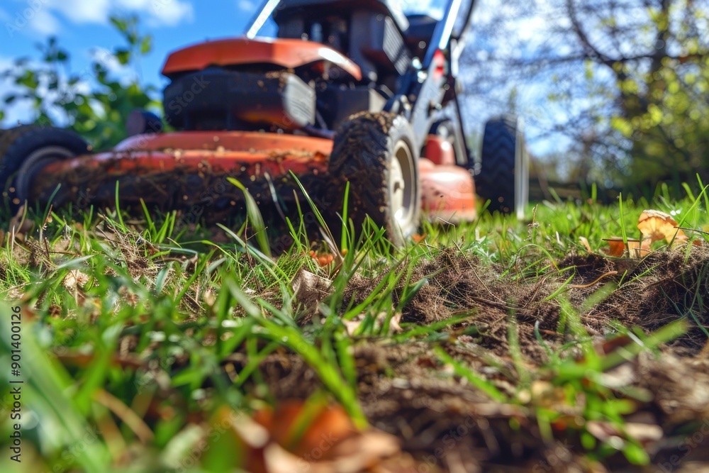 Naklejka premium Close up lawnmower on grass on sunny day. Unusual perspective