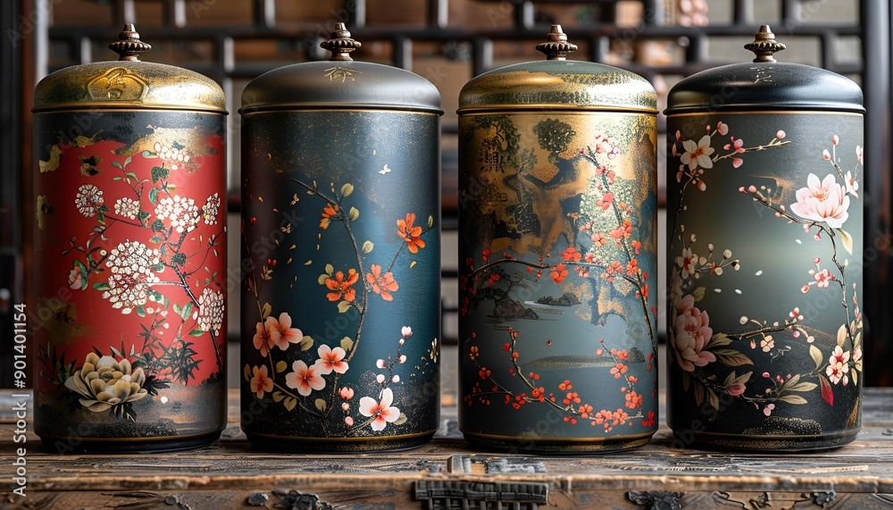 a group of metal containers with flowers on them. a group of metal containers with flowers on them.