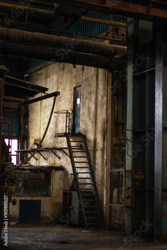 Old factory with objects abandoned inside and growing nature, power of life