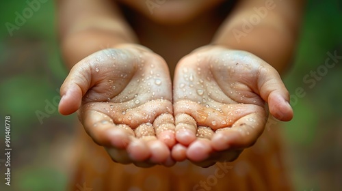 Child's Hands Outdoors Offering Water Droplets in Lush Greenery During a Warm Summer Afternoon