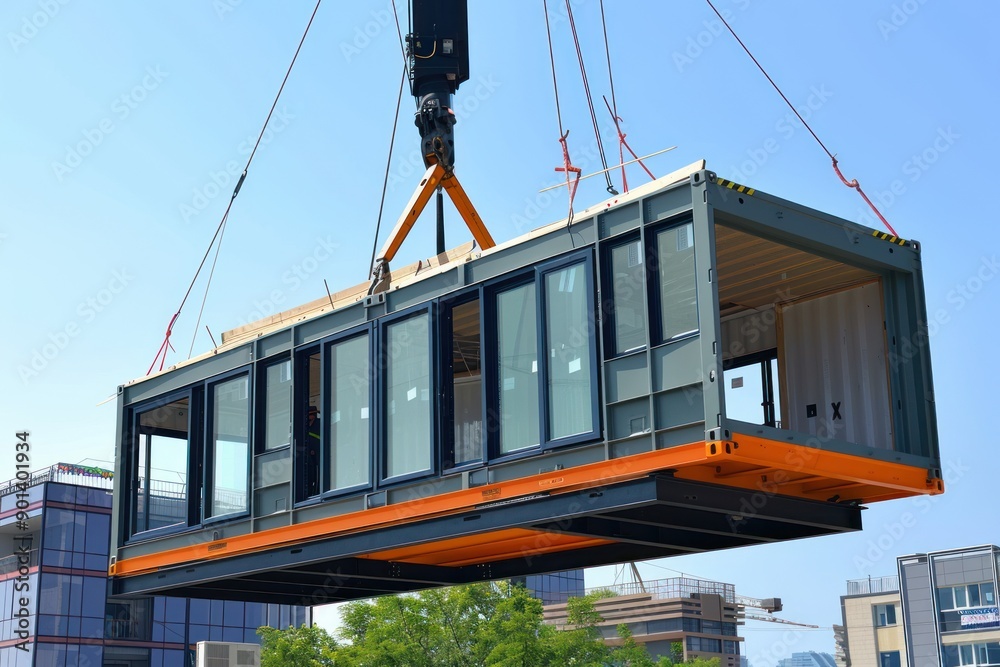 container house module is raised by a crane and placed container house module is raised by a crane and placed