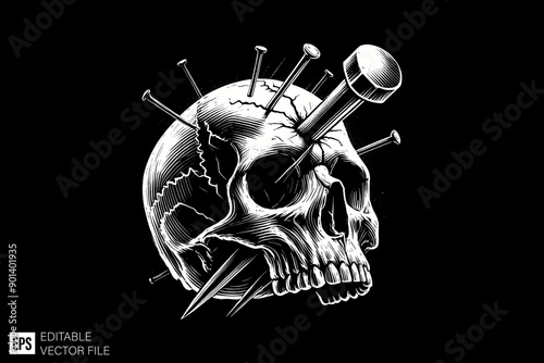 Black and white scary skull head vector illustration design