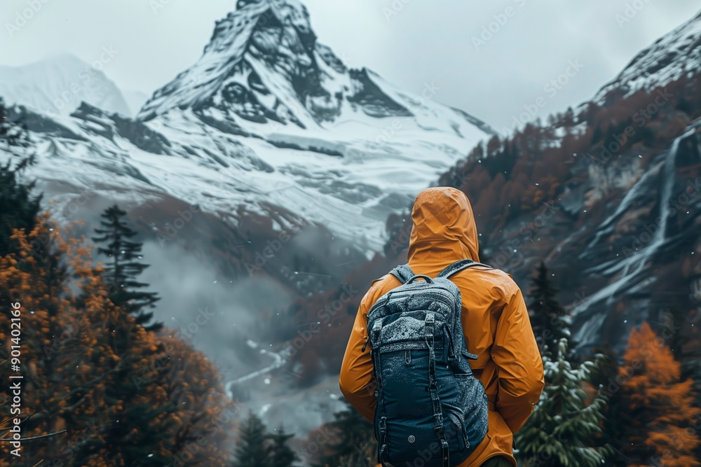 Hiker admiring majestic snow-capped mountains in autumn rainy weather near swiss alpine region, copyspace for text