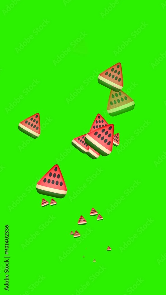 Watermelon icons appear and disappear on green screen. Dessert and food concept. Vertical video. 3D animation. Watermelon icons appear and disappear on green screen. Dessert and food concept. Vertical video. 3D animation.