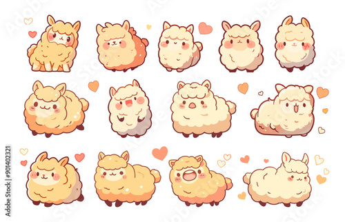 Cute alpaca. Funny peru fluffy wool wild american mexican animal zoo stickers doodle cartoon kawaii characters set vector illustration