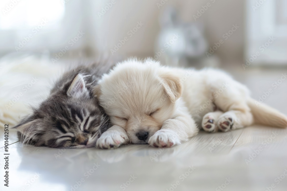 cute kitten and puppy sleeping together on the soft floor in the bright room cute kitten and puppy sleeping together on the soft floor in the bright room