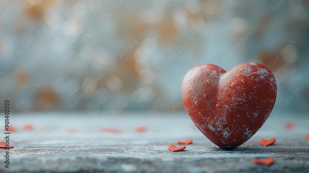 Obraz premium A heart is sitting on a wooden table with a pile of red confetti around it. The heart is surrounded by a sense of love and warmth, and the confetti adds a playful and festive touch to the scene