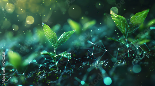 Digital evolution or seedling growth in futuristic polygonal style. Generative Ai.