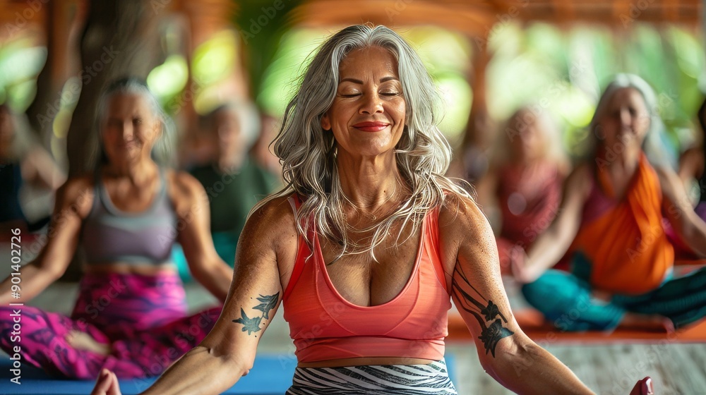 Fototapeta premium Yoga for Middle aged women. Adults and seniors at yoga class lesson. Inspirational Elderly females