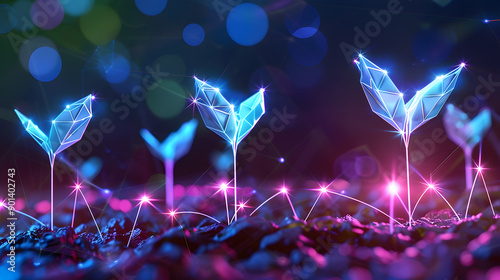 Digital evolution or seedling growth in futuristic polygonal style. Generative Ai.