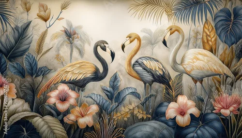 Fototapeta Tropikalny las w flamingami. Tapeta, tło, grafika w stonowanych kolorach