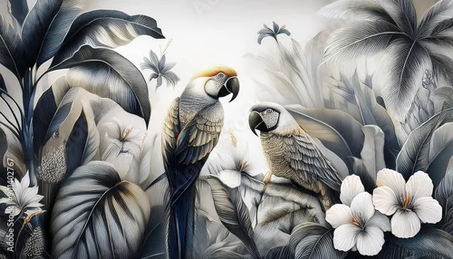 Obraz Tropikalny las z papugami. Tapeta, tło, grafika w stonowanych kolorach