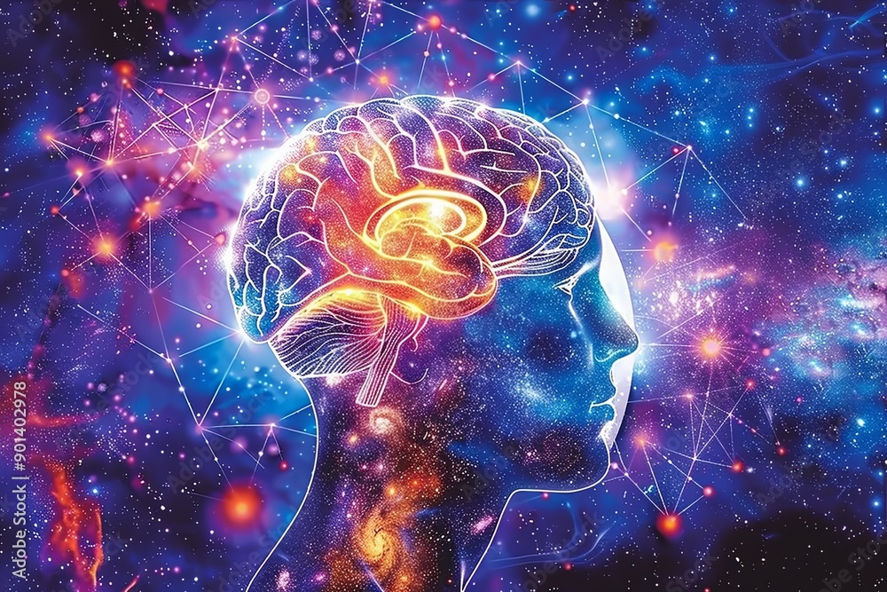 Futuristic illustration of a human head surrounded by cosmic elements symbolizing the connection between human intelligence and the vast universe Futuristic illustration of a human head surrounded by cosmic elements symbolizing the connection between human intelligence and the vast universe