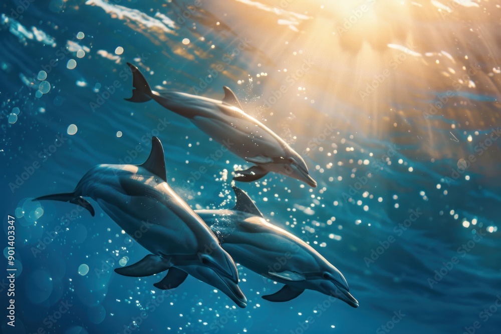 Fototapeta premium dolphins or Delphin swimming underwater underwater marine life with bubbles and sunlight in blue deep waters