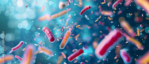 Close-up image shows pink and orange Escherichia coli bacteria with flagella against blue background. Lighting creates serene, scientific ambiance. photo