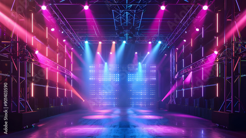 A dynamic stage setup featuring vibrant LED lighting and truss structures, creating an energetic atmosphere for performances and events.