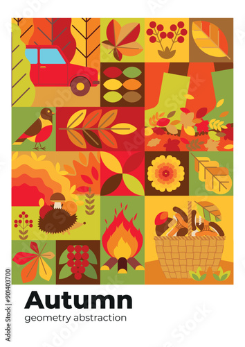 Autumn geometric background with seasonal outdoor recreation elements. Autumn abstract poster with forest plants, hedgehog, bird, basket with mushrooms, bonfire. Flyer, invitation, banner.