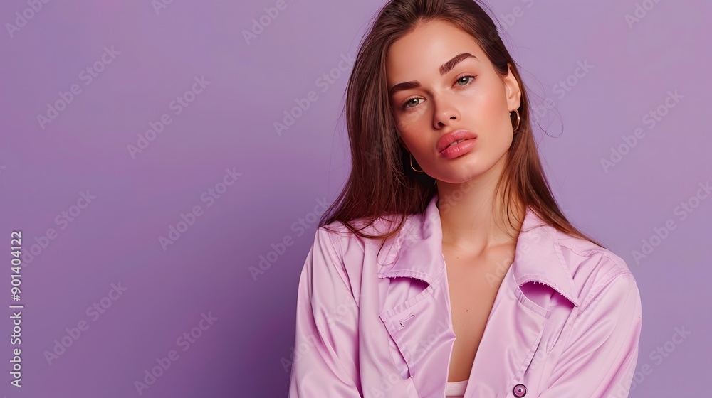 Photo portrait of attractive young woman hold point look empty space dressed stylish colorful clothes isolated on violet color background Photo portrait of attractive young woman hold point look empty space dressed stylish colorful clothes isolated on violet color background