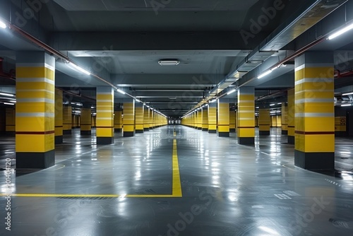 Empty shopping mall underground parking lot or garage interior with concrete stripe painted columns