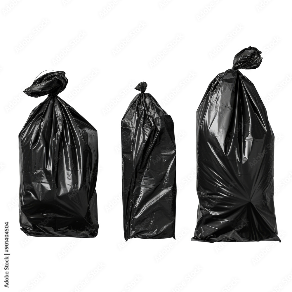 Three black garbage bags of varying sizes neatly arranged, representing waste management and cleanliness. Three black garbage bags of varying sizes neatly arranged, representing waste management and cleanliness.