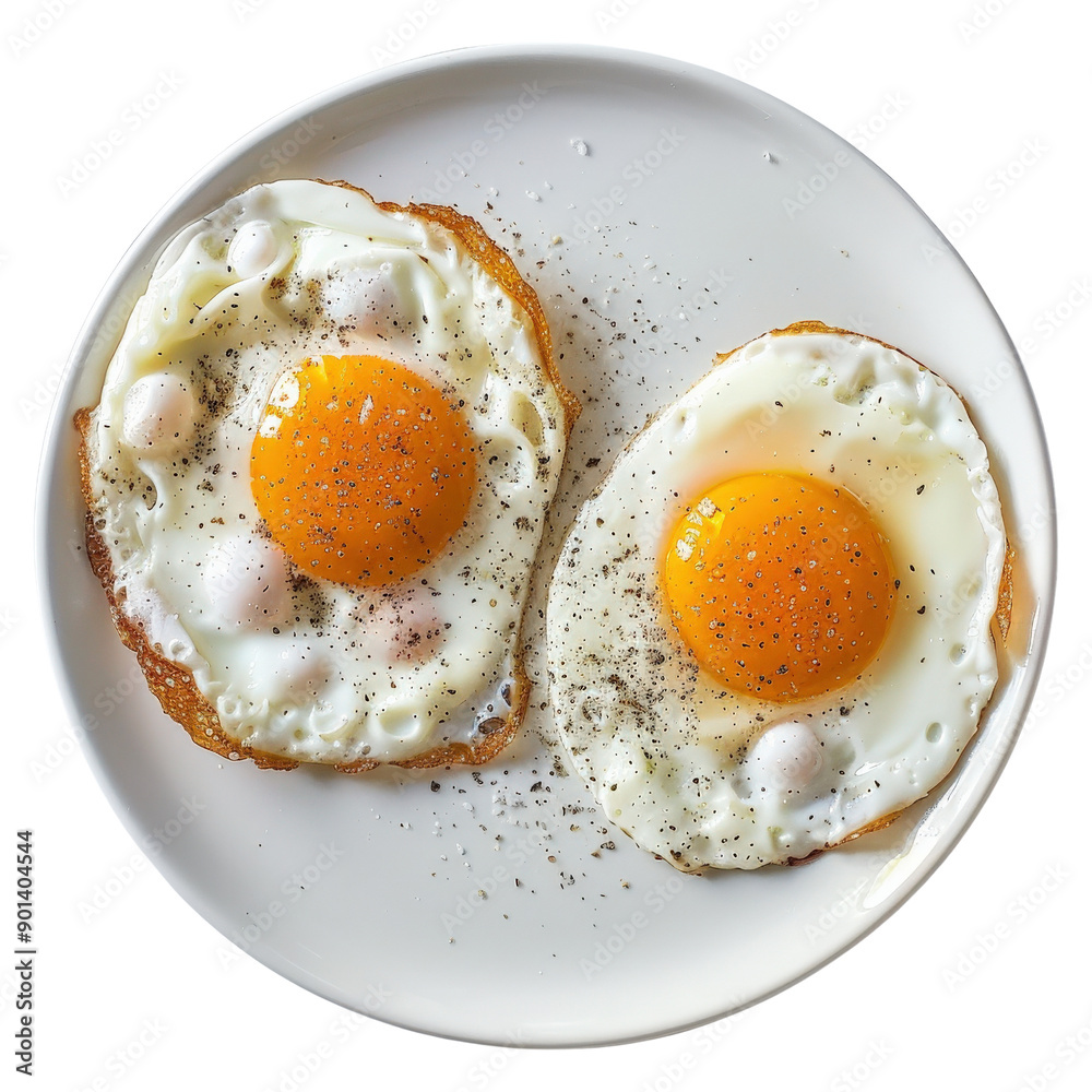 Top view of two perfectly cooked sunny-side-up fried eggs on a white plate, seasoned with salt and pepper, ready for a delicious breakfast. Top view of two perfectly cooked sunny-side-up fried eggs on a white plate, seasoned with salt and pepper, ready for a delicious breakfast.