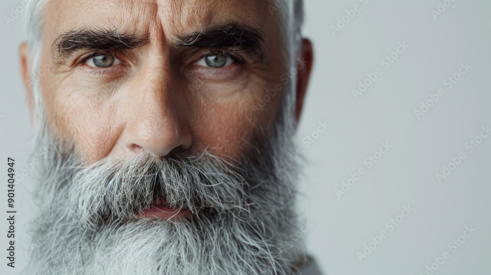 A man with a beard and mustache is staring at the camera A man with a beard and mustache is staring at the camera