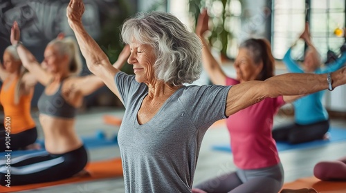 Yoga for Middle aged women stretching. Adults and seniors at yoga class lesson. Inspirational Elderly females