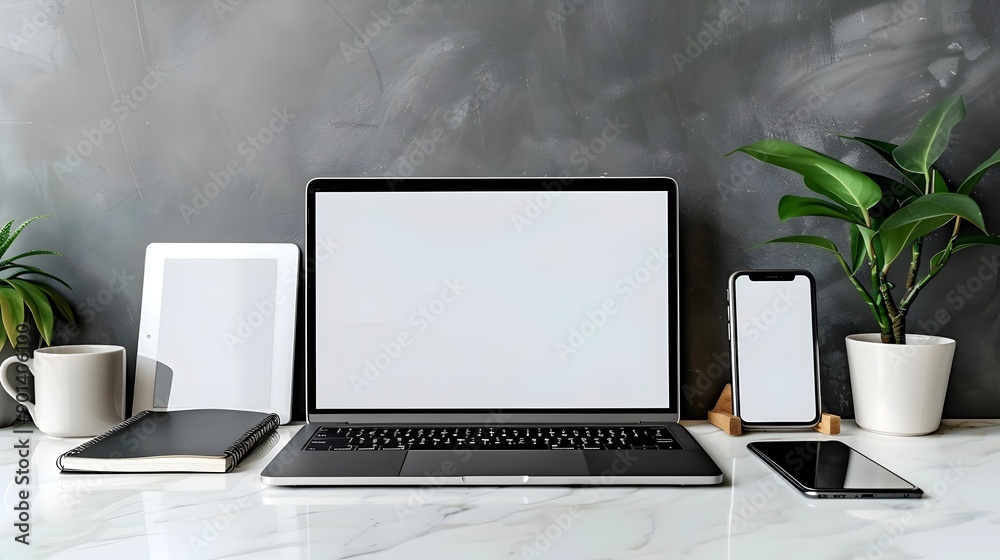 Fototapeta premium Modern Workspace with Laptop, Tablet, and Potted Plant on Desk Mockup