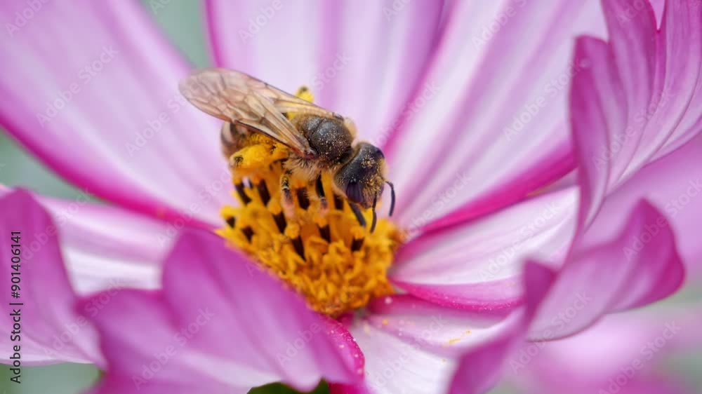 Close up of single honey bee pollinate pink flower and collect nectar Close up of single honey bee pollinate pink flower and collect nectar
