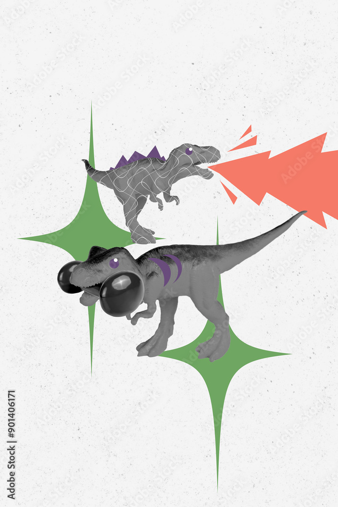 Obraz premium Vertical collage artwork graphics picture of funny dinosaurs enjoying sports isolated painting background