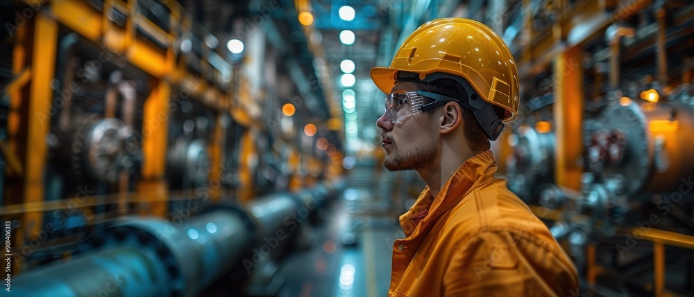 Qualified safety inspector checking industrial equipment, promoting workplace security, [security, coverage, qualification]