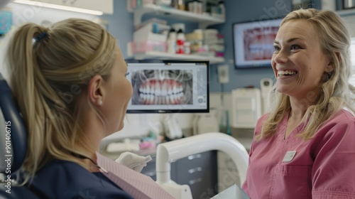 Dental hygienist educating a patient on proper brushing techniques, highlighting preventive care