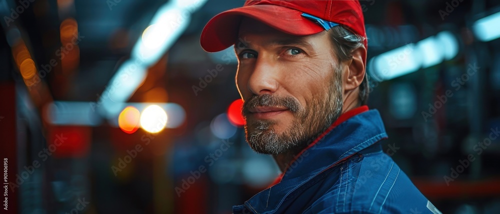 Confident mechanic with guarantee badge fixing a car, emphasizing reliable service, [guarantee, repair]