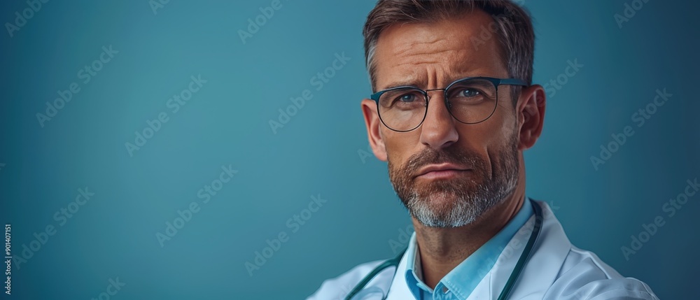 Obraz premium Confident doctor with medical accreditation badge, highlighting trust in healthcare services, [confidence, protection, accreditation]