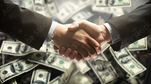 A handshake between businesspeople with a background of softly visible money elements, enhanced by gentle, natural lighting 